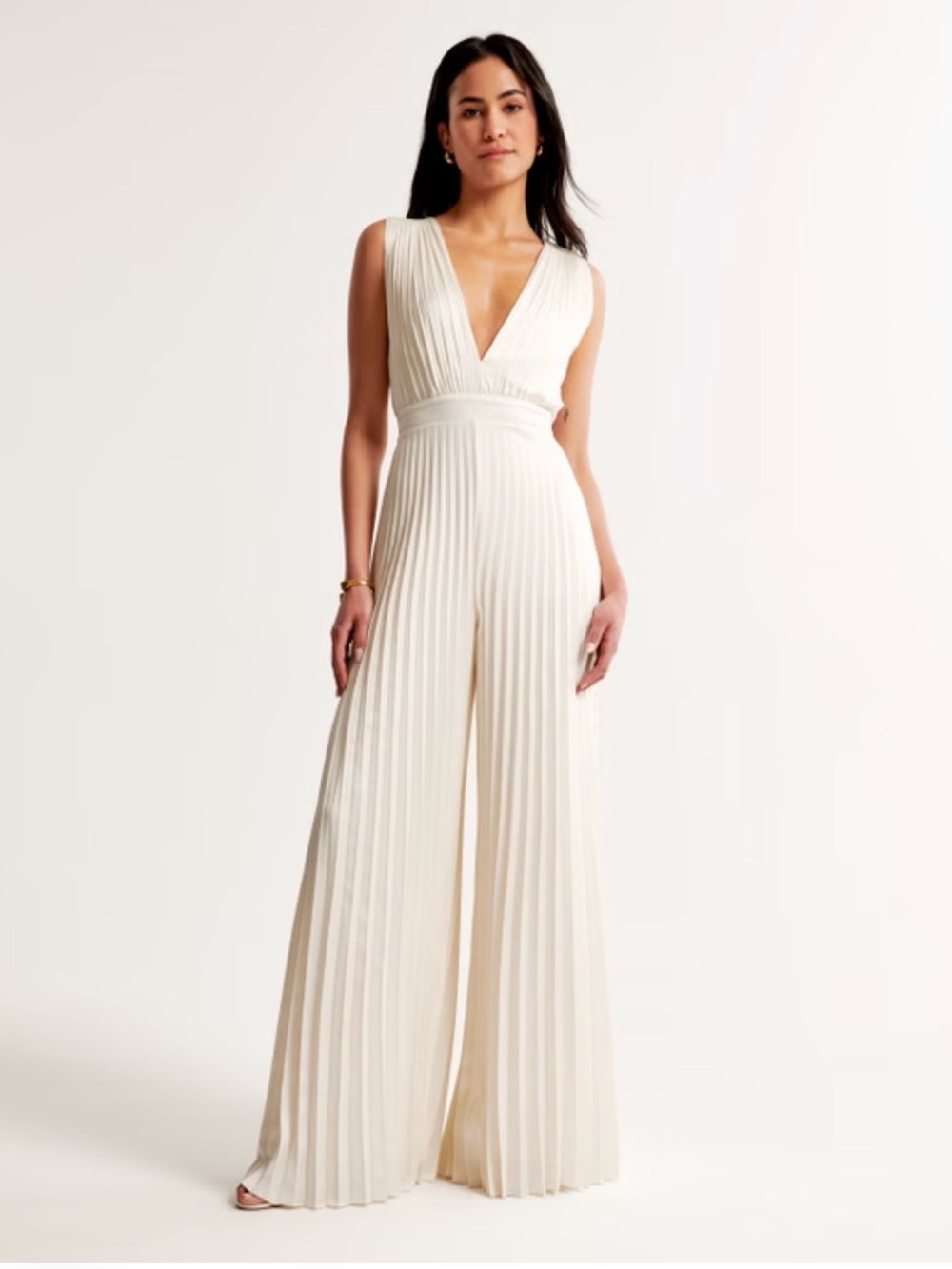 Abercrombie & Fitch Cream Plisse Wide-Leg Sleeveless Jumpsuit